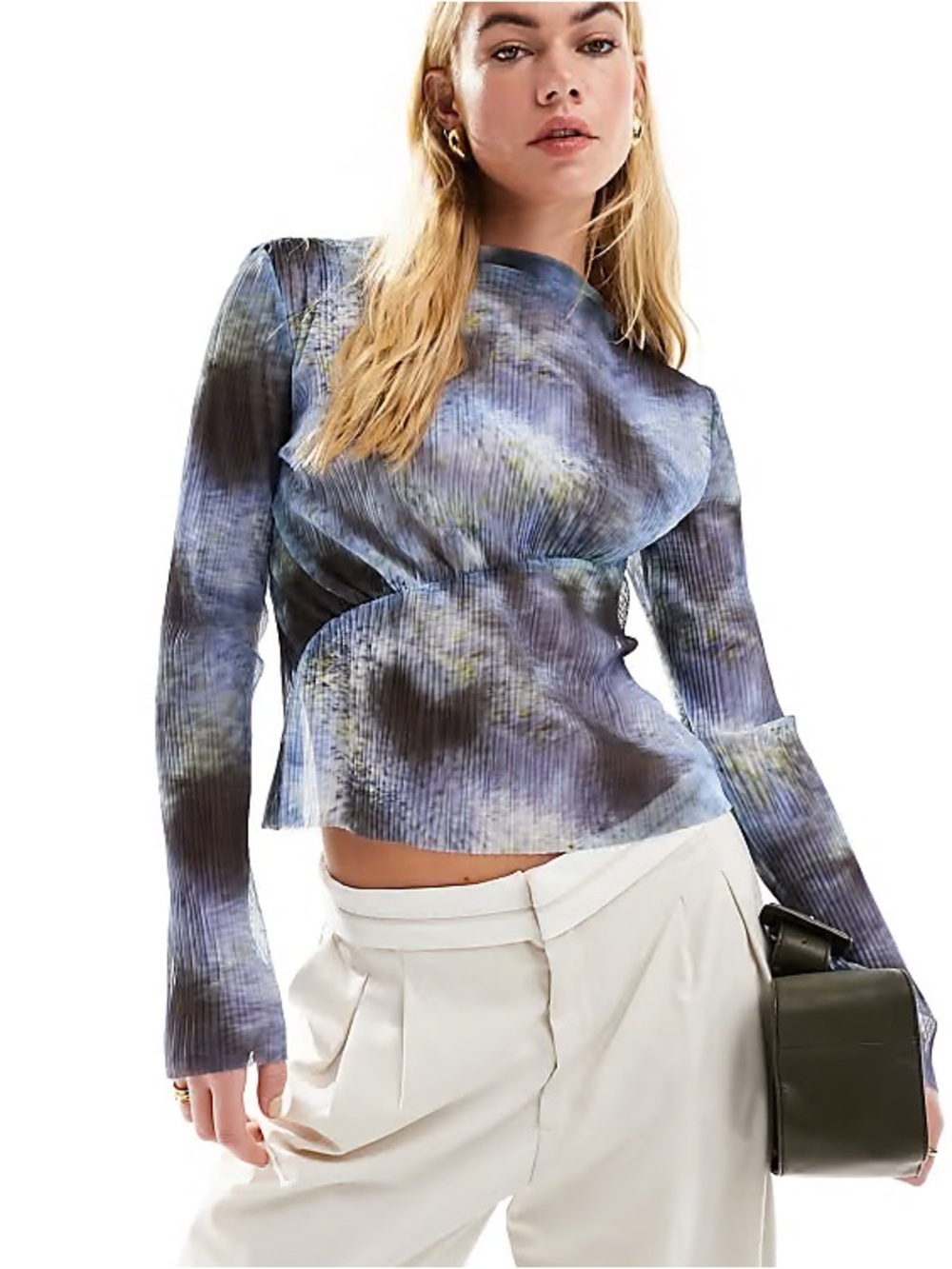 & Other Stories long sleeve mesh top asymmetric blurred inky print blue size XS